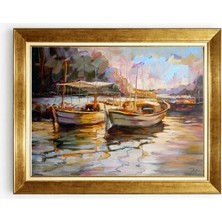 Tablore Gün Batımı Deniz ve Sandallar Temalı Modern Klasik Altın Çerçeveli Tablo
