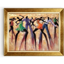 Tablore Altın Çerçeveli Modern Dans Eden Figürler Tablosu Soyut Yağlıboya Görünümlü Salon Tablosu