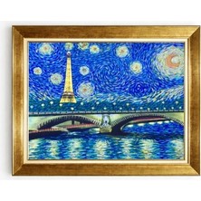 Tablore Gold Çerçeveli Yıldızlı Gece Eyfel Kulesi Tablosu Van Gogh Tarzı Paris Kanvas Tablo Duvar Dekoru
