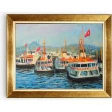 Tablore Istanbul Şehir Hatları Vapurları Yağlıboya Görünümlü Altın Çerçeveli Kanvas Tablo