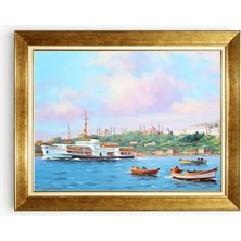 Tablore Nostaljik Istanbul Vapuru ve Sandallar Temalı Gold Çerçeveli Yağlıboya Görünümlü Kanvas Tablo