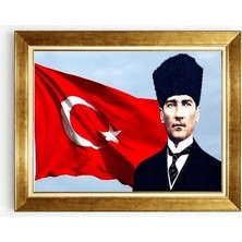 Tablore Kalpaklı Atatürk ve Türk Bayrağı Temalı Gold Çerçeveli Kanvas Tablo Ofis ve Makam Odası Dekoru