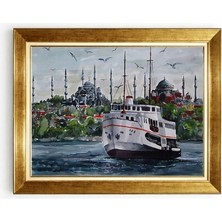 Tablore Altın Çerçeveli Istanbul Vapuru ve Tarihi Yarımada Camili Tablo
