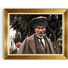 Tablore Kalpaklı Mustafa Kemal Atatürk Tarihi Portre Gold Çerçeveli Kanvas Tablo Ofis Duvar Dekoru