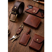 Bakani Leather Babalar Gününe Özel 6 Parça Hakiki Deri Hediye Seti - Kemer Cüzdan Kartlık Gözlük Kılıfı Anahtarlık Valiz Etiketi - Kişiye Özel