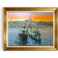 Tablore Altın Çerçeveli Istanbul Gün Batımı ve Balıkçı Tekneleri Duvar Tablosu