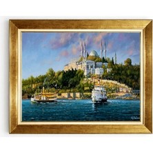 Tablore Istanbul Manzaralı Gold Çerçeveli Kanvas Tablo Nostaljik Vapur ve Cami Temalı Salon Duvar Dekoru