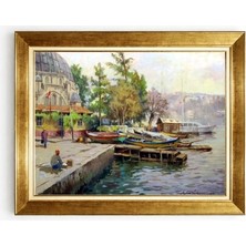 Tablore Istanbul Ortaköy Camii ve Tekneler Manzaralı Altın Çerçeveli Kanvas Tablo Duvar Resmi