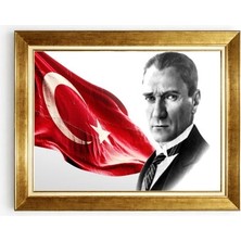 Tablore Atatürk ve Türk Bayrağı Temalı Altın Çerçeveli Kanvas Tablo