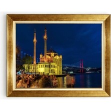 Tablore Ortaköy Camii ve Istanbul Boğaz Köprüsü Gece Manzaralı Altın Çerçeveli Salon Duvar Tablosu