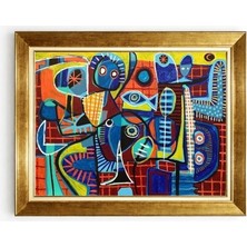 Tablore Afrika Kültürü Soyut Figürler Yağlı Boya Tablosu - Modern Etnik Desenler, Altın Çerçeve