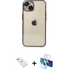 Pileli Store Pilelistore™ iPhone 14 Kılıf Vadi Minimal - Siyah 3D Antistatik Cam Ekran Koruyucu + Diamond Kamera Lens - Kı