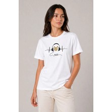 Medi Giyim Kadın Müzik Temalı Baskılı Tişört Bisiklet Yaka Kısa Kol T-Shirt - Beyaz