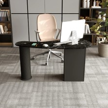 Klubeconcept Mermer Desenli Modern Ofis Masası Yivli Silindirik Ayaklı 3 Çekmeceli Mdf Çalışma Masası 180 cm