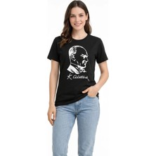 Kadın Atatürk Baskılı Tişört Kısa Kollu Bisiklet Yaka T-Shirt - Siyah