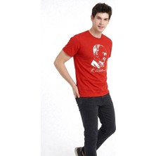 Erkek Atatürk Baskılı Tişört Kısa Kollu Bisiklet Yaka T-Shirt - Kırmızı