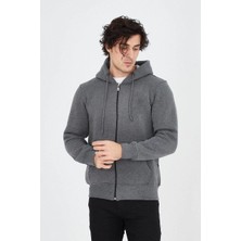 Erkek 3 Iplik Pamuklu Fermuarlı Kapüşonlu Kanguru Cepli Hoodie Hırka Sweatshirt - Füme