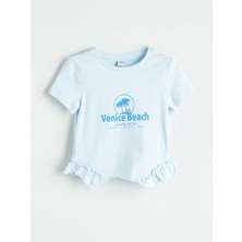 LC Waikiki Lcw Kids Mavi Bisiklet Yaka Baskılı Kız Çocuk Tişört