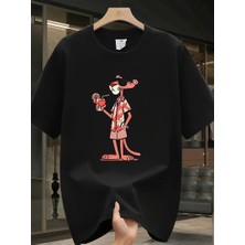 Erkek T-Shirt Pembe Panter Baskılı Kısa Kollu Tişört - Siyah