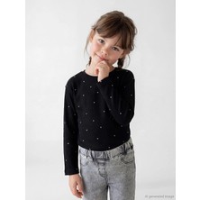 LC Waikiki Lcw Kids Siyah Yıldız Desenli Kız Çocuk Uzun Kollu Tişört