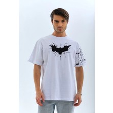 Erkek Bisiklet Yaka Tişort Ön ve Kol Yarasa Baskılı T-Shirt - Beyaz