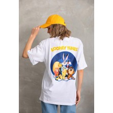 Kadın Kısa Kol Yazlık Tişört Bisiklet Yaka Baskılı Oversize T-Shirt - Beyaz