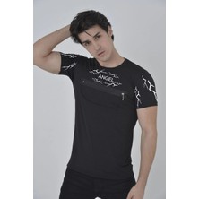 Medi Giyim Erkek Baskılı T-Shirt Kısa Kol Bisiklet Yaka Göğüs Fermuarlı Slimfit Tişört  - Siyah