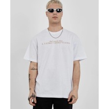 Medi Giyim Erkek Bisiklet Yaka Tişort Baskılı Oversize Kısa Kol T-Shirt - Beyaz
