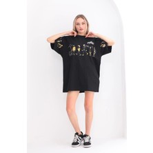 Kadın Kısa Kol Yazlık Tişört Bisiklet Yaka Baskılı Oversize T-Shirt - Siyah
