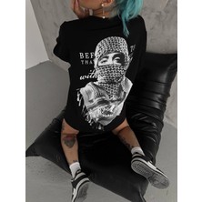 Kadın Kısa Kol Tişört Bisiklet Yaka Filistin Poşülü Baskılı T-Shirt - Siyah