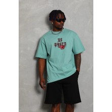 Erkek Baskılı Tişört Kısa Kol Bisiklet Yaka Oversize T-Shirt - Mint Yeşili