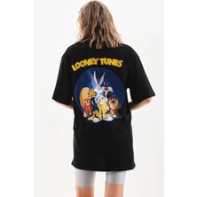 Kadın Kısa Kol Yazlık Tişört Bisiklet Yaka Baskılı Oversize T-Shirt - Siyah