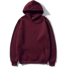 Kadın 3 Iplik Pamuklu Kapüşonlu Kanguru Cepli Düz Hoodie Sweatshirt - Bordo