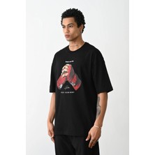 Erkek Boxy Eldiven Baskılı T-Shirt Kısa Kol Bisiklet Yaka Tişört - Siyah