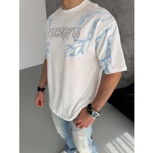 Medi Giyim Erkek Bisiklet Yaka Tişört Yıldırım Şimşek Baskılı Kısa Kol T-Shirt - Beyaz