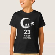 Çocuk 23 Nisan Ulusal Egemenlik ve Çocuk Bayramı Baskılı Bisiklet Yaka T-Shirt - Siyah