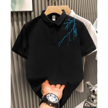 Medi Giyim Erkek Polo Yaka Tişört Düğmeli Yıldırım Baskılı Pike T-Shirt - Siyah