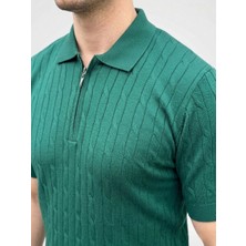 Medi Giyim Erkek Yazlık Triko Saç Örgü Tişört Kısa Kol Polo Yaka Fermuarlı T-Shirt - Haki
