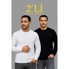 Erkek Fitilli Triko Kazak 2’li Set Siyah Beyaz Kalın Dokuma Pamuklu Regular Fit Bisiklet
