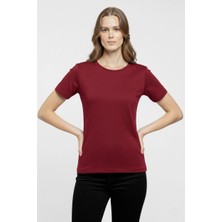 Kadın T-Shirt Bisiklet Yaka Slim Fit Likralı Tişört Yazlık Basic Body - Bordo