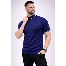 Medi Giyim Erkek Fitilli Triko Dokuma Kısa Kol Tişört Yarım Boğaz Modern Yazlık T-Shirt - Lacivert