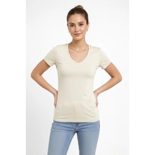 Medi Giyim Kadın T-Shirt V Yaka Slim Fit Likralı Tişört Yazlık Basic Body - Taş
