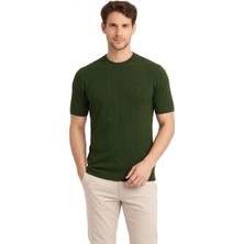 Erkek Yazlık Fitilli Triko Tişört Kısa Kol Bisiklet Yaka T-Shirt - Haki