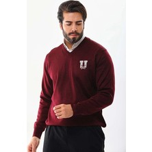 Erkek V Yaka Kazak Baskılı Dokuma Triko - Bordo