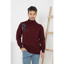 Erkek Yarım Bağazlı Kazak Baskılı Dokuma Triko - Bordo