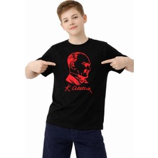 Erkek Çocuk Atatürk Baskılı Tişört Kısa Kollu Bisiklet Yaka T-Shirt - Siyah