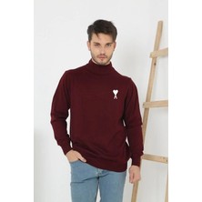 Erkek Yarım Bağazlı Kazak Baskılı Dokuma Triko - Bordo