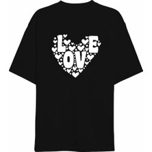 14 Şubat Sevgililer Günü Love Kalp Baskılı Oversize Bisiklet Yaka T-Shirt - Siyah