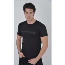 Erkek Gögüs Fermuarlı T-Shirt Kısa Kol Bisiklet Yaka Slimfit Tişört - Siyah
