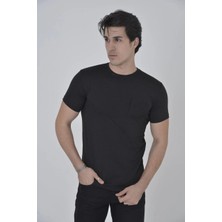 Erkek File Çepli  T-Shirt Kısa Kol Bisiklet Yaka Slimfit Tişört - Siyah